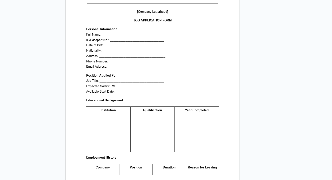 Job Application Form Template